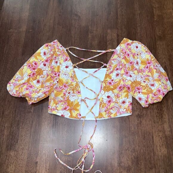 Altar’d State Boho Floral Puff Sleeve Square Neck Lace Up Back Crop Top Women M - Picture 6 of 11
